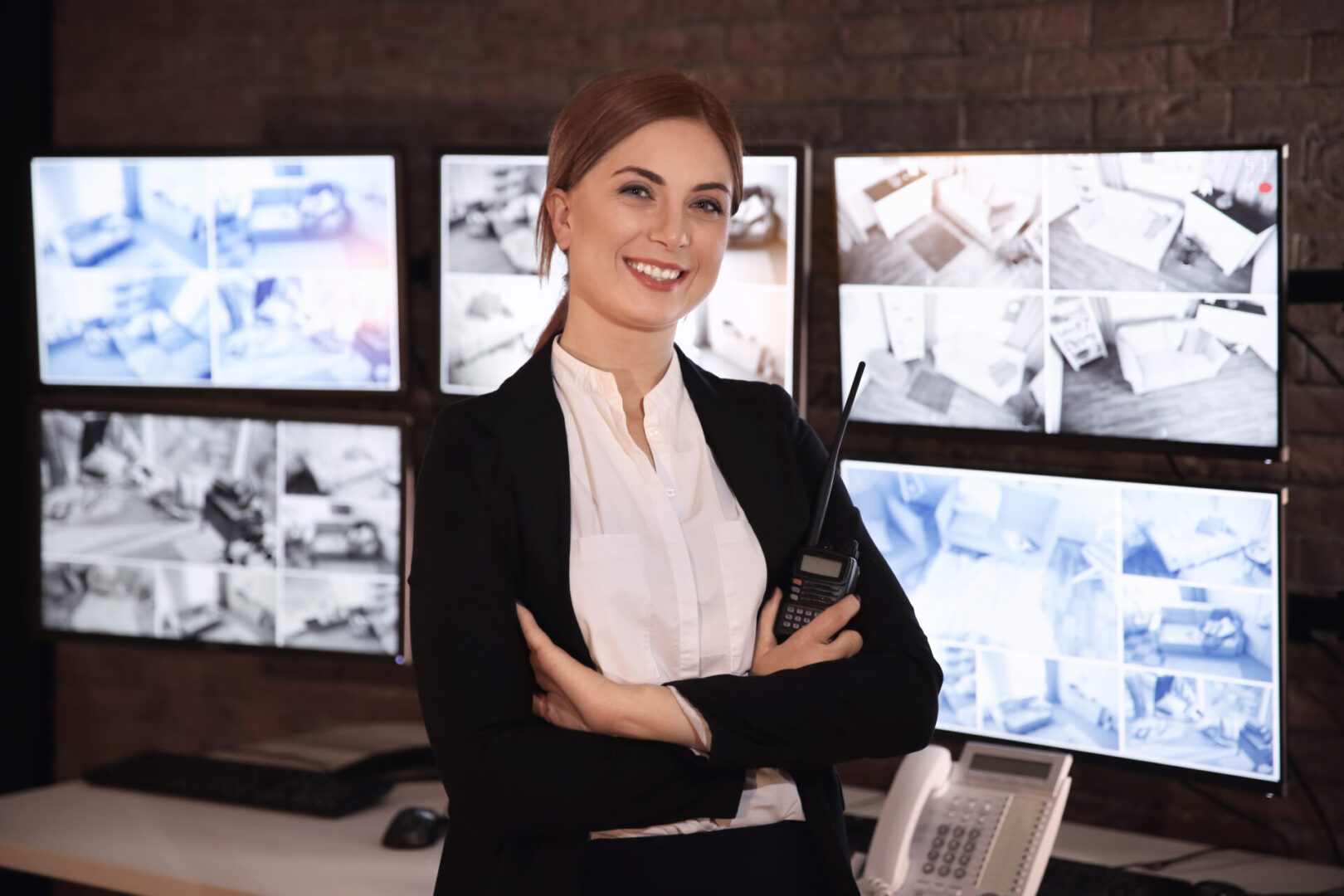 A woman in black jacket holding a phone.